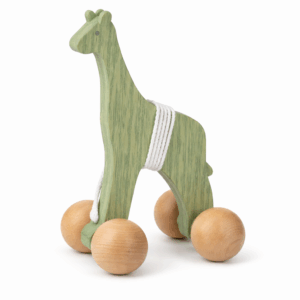 Jouet à tirer en bois girafe verte avec roues et corde – jouet d’éveil enfant en bois naturel
