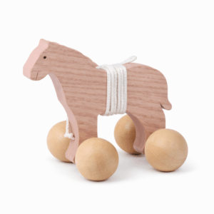 Jouet à tirer en bois cheval rose avec roues et corde – jouet d’éveil enfant en bois naturel