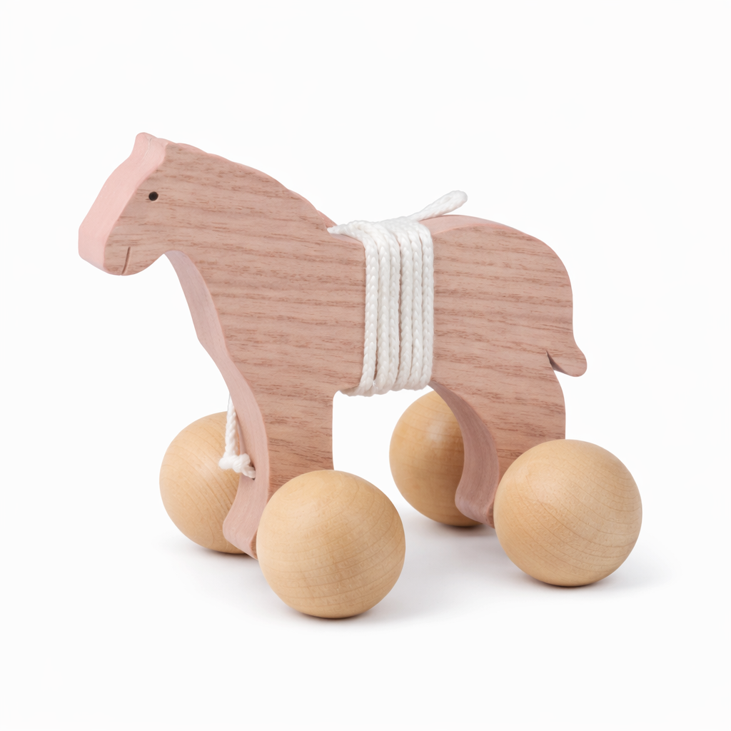 jouet cheval en bois à tirer Jouet à tirer en bois cheval rose avec roues et corde – jouet d’éveil enfant en bois naturel