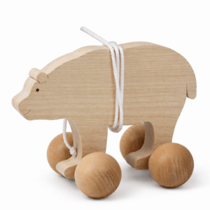 Jouet à tirer en bois ours naturel avec roues et corde – jouet d’éveil bébé en bois massif