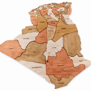 Puzzle carte de l’Algérie en bois avec régions découpées et gravées – jeu éducatif géographie enfant en bois naturel