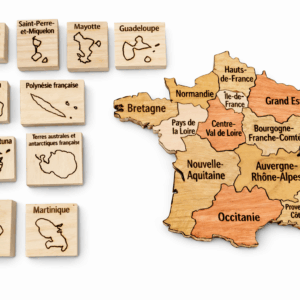 Puzzle en bois carte de France avec régions et territoires d’outre-mer gravés – jeu éducatif en bois naturel