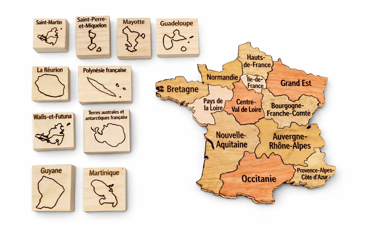 puzzle carte de france et outre__mer Puzzle en bois carte de France avec régions et territoires d’outre-mer gravés – jeu éducatif en bois naturel